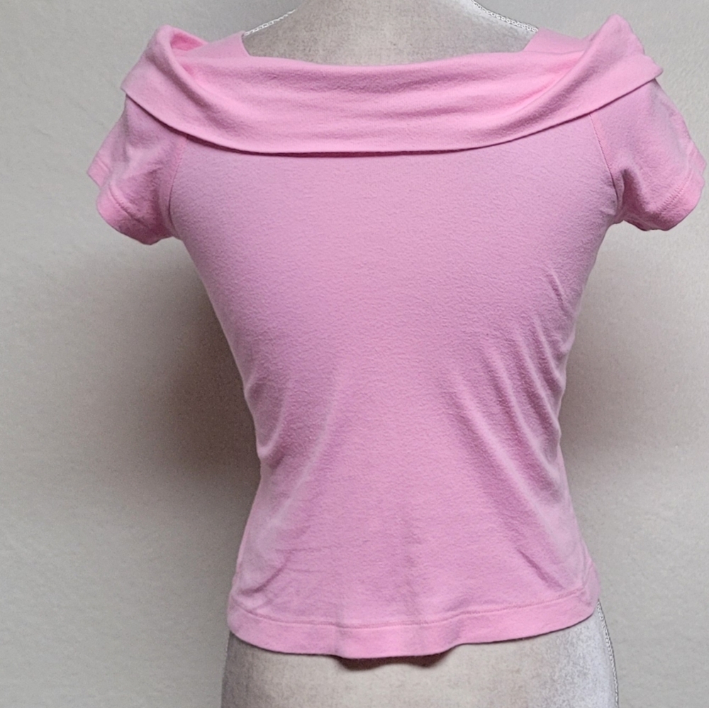 L.A. Movers Pink Rhinestone Yorkie Cowl Shoulder Cap Sleeve Cropped Babydoll Tee - Picture 9 of 12
